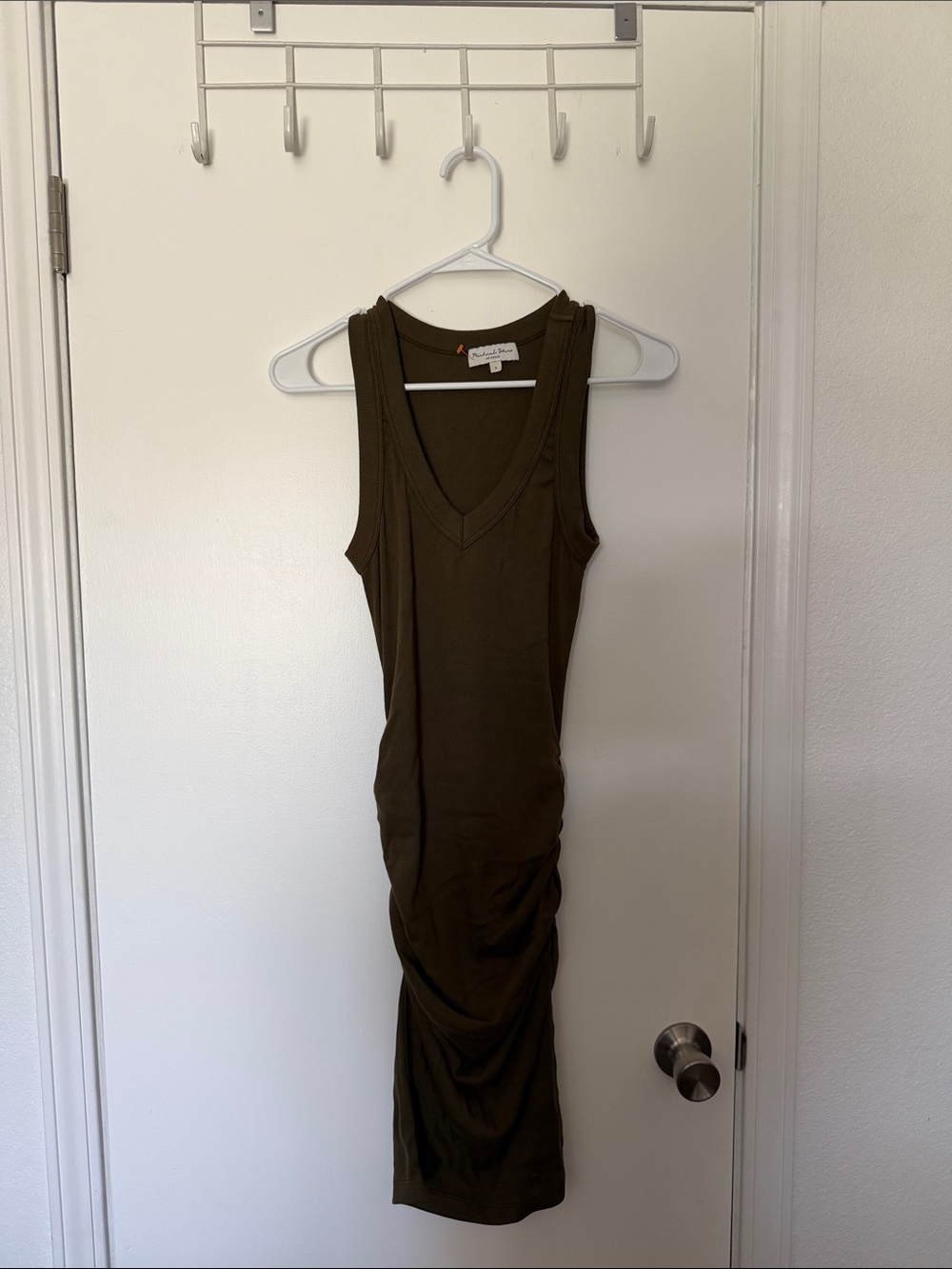 Michael Stars Olive Sleeveless V-Neck Ruched Midi Dress